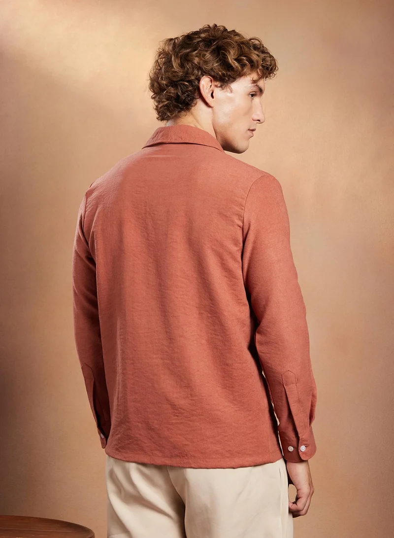 Campus Sutra Campus Sutra Men's Brick Brown Solid Shawl Collar Oversized Shirt For Casual Wear | Shawl Collar | Long Cuffed Sleeves | Button Closure | Oversized Shirt Crafted With Comfort Fit For Everyday Wear