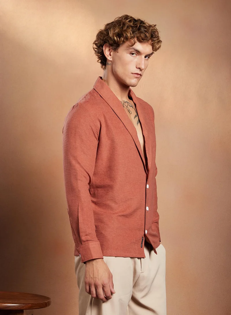 Campus Sutra Campus Sutra Men's Brick Brown Solid Shawl Collar Oversized Shirt For Casual Wear | Shawl Collar | Long Cuffed Sleeves | Button Closure | Oversized Shirt Crafted With Comfort Fit For Everyday Wear