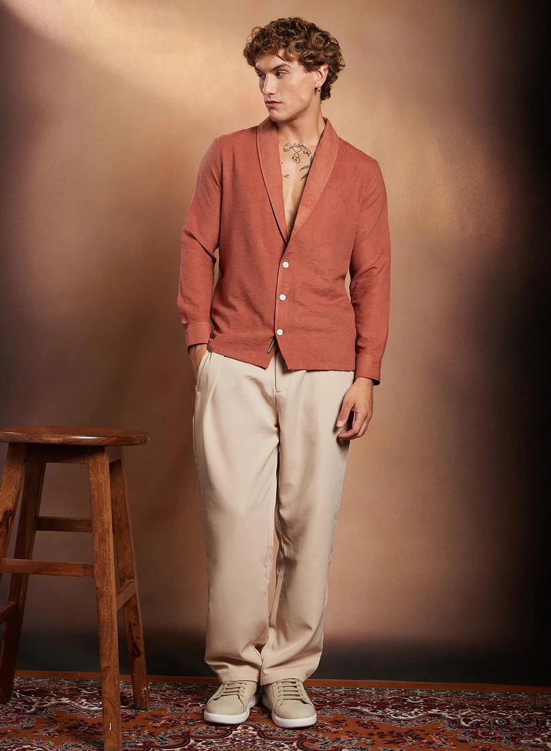 Campus Sutra Campus Sutra Men's Brick Brown Solid Shawl Collar Oversized Shirt For Casual Wear | Shawl Collar | Long Cuffed Sleeves | Button Closure | Oversized Shirt Crafted With Comfort Fit For Everyday Wear