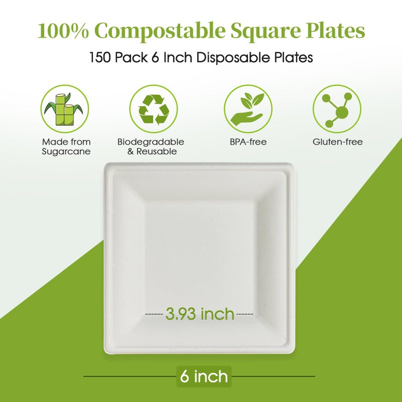 ECOLipak 150 Piecs Compostable Square Plates, 6 inch Eco-friendly Heavy Duty Biodegradable Sugarcane Disposable Paper Plates for Party Dinner Birthday - Image 2