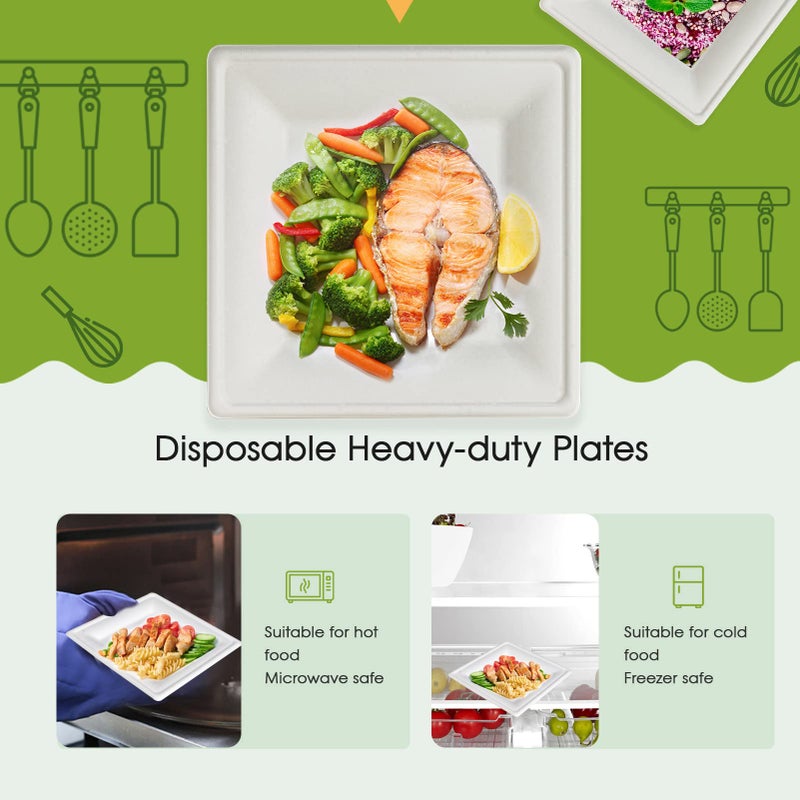 ECOLipak 150 Piecs Compostable Square Plates, 6 inch Eco-friendly Heavy Duty Biodegradable Sugarcane Disposable Paper Plates for Party Dinner Birthday - Image 4