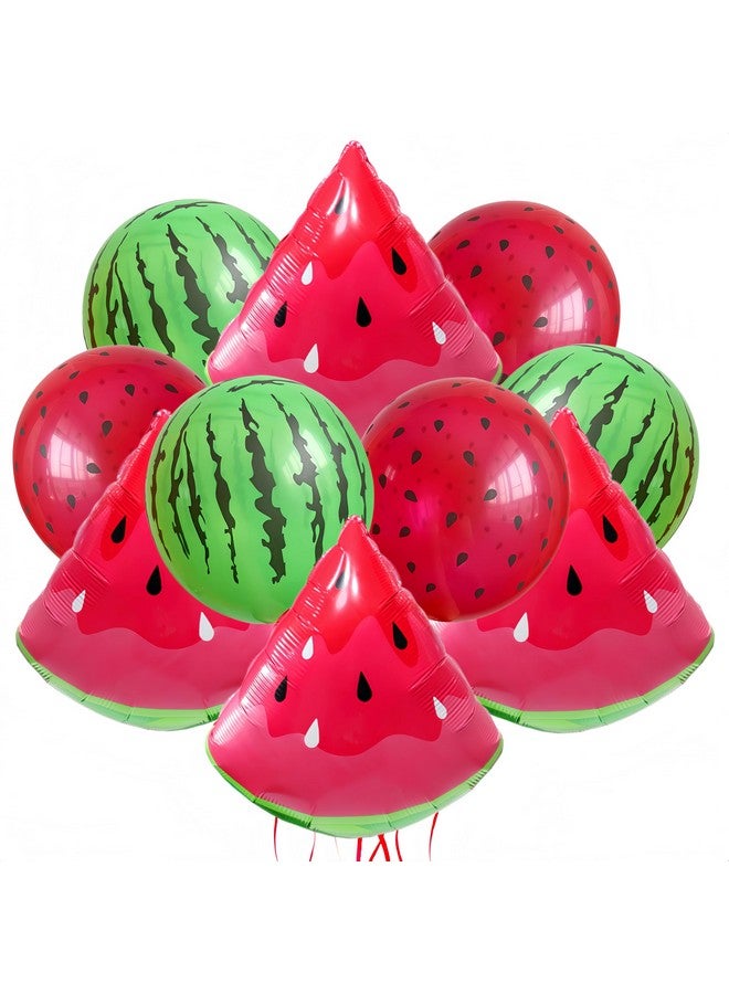 CYMYLAR 10Pcs Watermelon Foil Balloons/Watermelon Latex Balloons Green Red/Red Green Watermelon Seed Balloon/Watermelon Theme Birthday Party/Cartoon Fruit Foil Balloons for Summer Party/Baby Shower  - Image 1