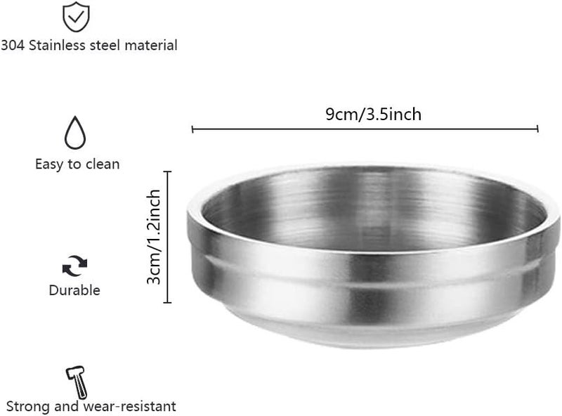 Roucerlin 4PCS DoubleDeck Mini Stainless Steel Sauce Dish Round Appetizer Plates Sushi Dipping Pinch Bowls Salad Dressing Plates for Appetizer Side Dish French Fries Ketchup 35oz Silver - Image 2