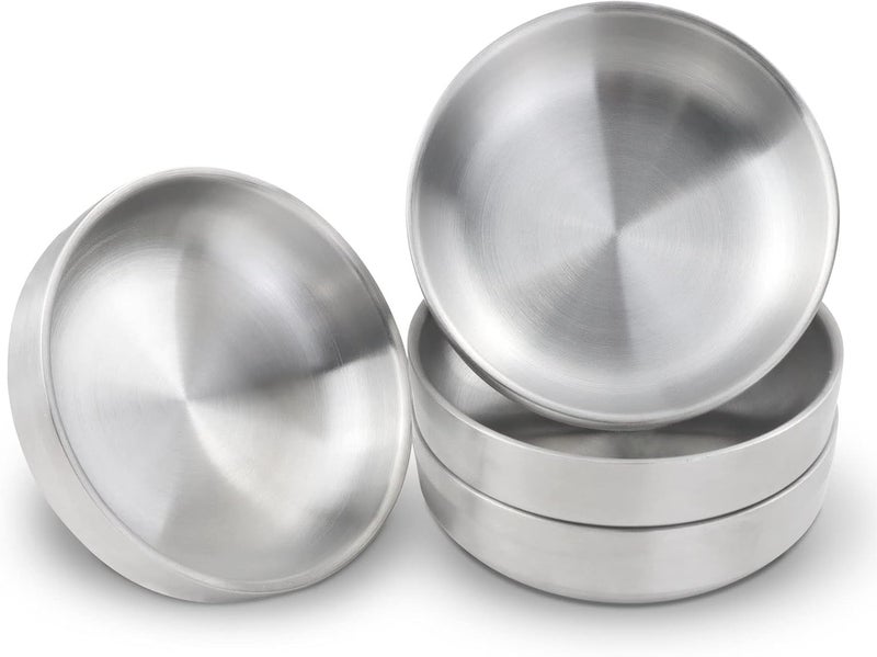 Roucerlin 4PCS DoubleDeck Mini Stainless Steel Sauce Dish Round Appetizer Plates Sushi Dipping Pinch Bowls Salad Dressing Plates for Appetizer Side Dish French Fries Ketchup 35oz Silver - Image 1