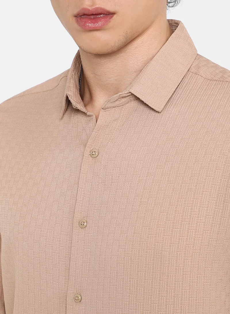 كامبوس سوترا Men's Beige Textured Interweave Shirt