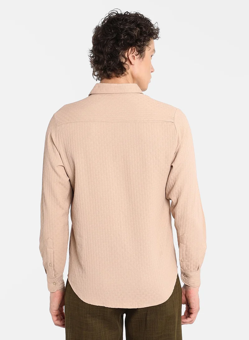 كامبوس سوترا Men's Beige Textured Interweave Shirt