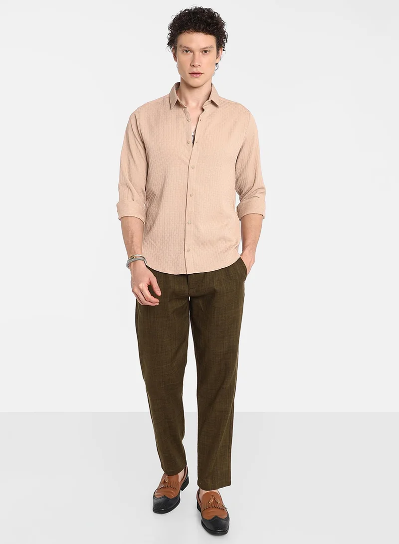 كامبوس سوترا Men's Beige Textured Interweave Shirt