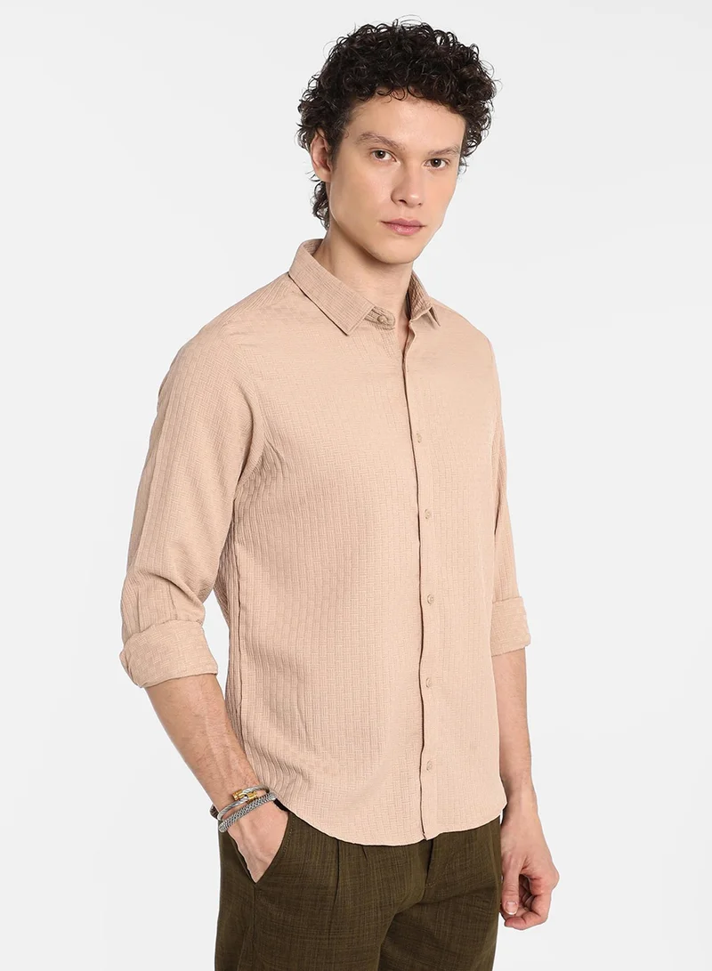 كامبوس سوترا Men's Beige Textured Interweave Shirt
