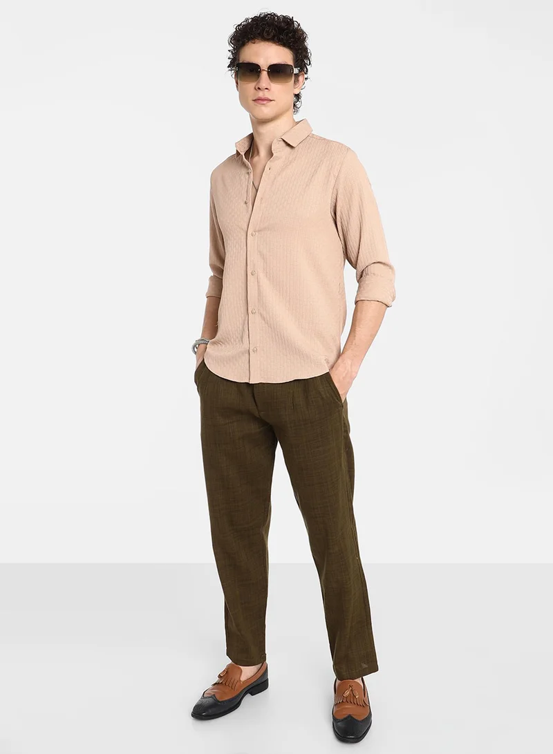 كامبوس سوترا Men's Beige Textured Interweave Shirt
