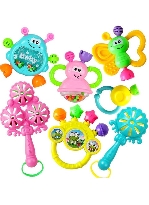 7pcs Baby Rattle Toy, Infant Teething Toys, Grab and Spin Rattles Sensory Toy Set, Food Grade Silicone + High Quality ABS Material, Bright Color, Baby Toys Gift for Babies 0-2 year old Boys Girls, Early Educational Toy Set.