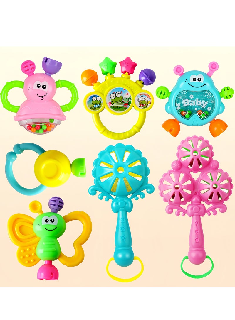 7pcs Baby Rattle Toy, Infant Teething Toys, Grab and Spin Rattles Sensory Toy Set, Food Grade Silicone + High Quality ABS Material, Bright Color, Baby Toys Gift for Babies 0-2 year old Boys Girls, Early Educational Toy Set.  - Image 4