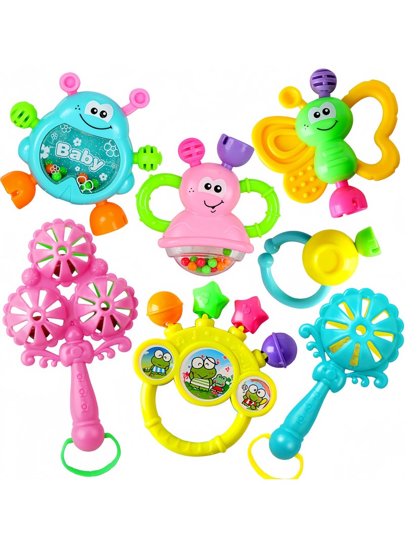 7pcs Baby Rattle Toy, Infant Teething Toys, Grab and Spin Rattles Sensory Toy Set, Food Grade Silicone + High Quality ABS Material, Bright Color, Baby Toys Gift for Babies 0-2 year old Boys Girls, Early Educational Toy Set. - Image 1