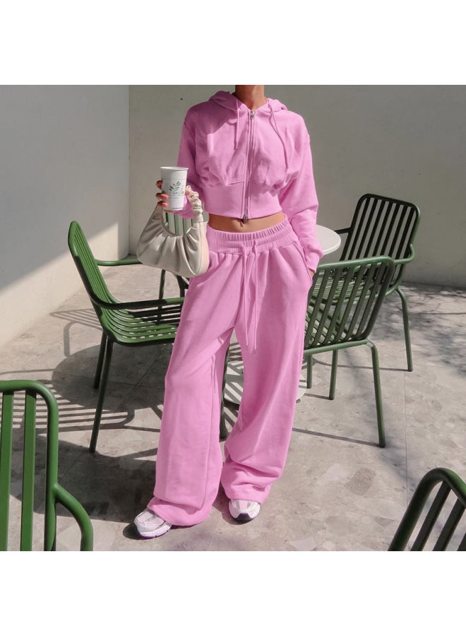 Autumn Leisure Sports Suit Fleece-lined Sweater Hooded Long-sleeved Top Waist Elastic Wide-leg Pants Two-piece Set For Women