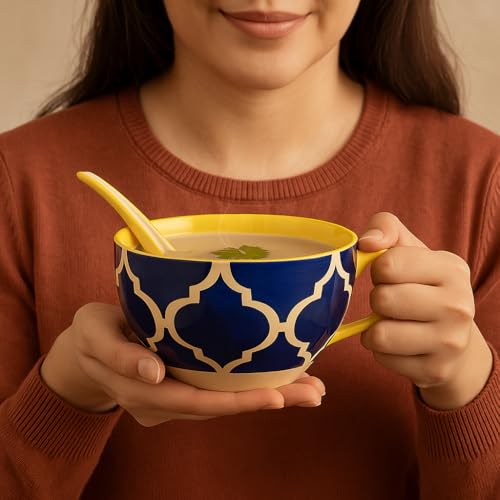 KITTENS Ceramic Soup Bowls with Spoons – Set of 2 (300 ml) – Blue Handcrafted Pattern – Microwave & Dishwasher Safe – Food Grade – Made in India – Christmas & New Year Gift - Image 3