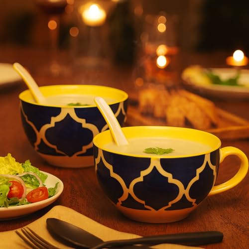 KITTENS Ceramic Soup Bowls with Spoons – Set of 2 (300 ml) – Blue Handcrafted Pattern – Microwave & Dishwasher Safe – Food Grade – Made in India – Christmas & New Year Gift - Image 2