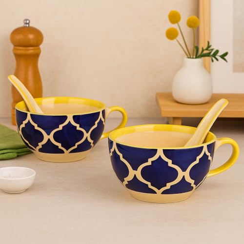 KITTENS Ceramic Soup Bowls with Spoons – Set of 2 (300 ml) – Blue Handcrafted Pattern – Microwave & Dishwasher Safe – Food Grade – Made in India – Christmas & New Year Gift - Image 1