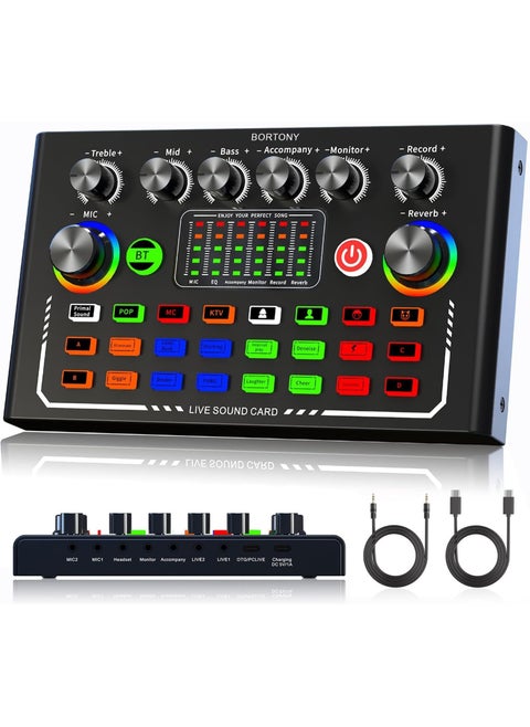 Sound Card F009, Live Sound Card Wireless Bluetooth Audio Mixer, Podcast DJ Device RGB Colorful Buttons, Live Streaming Sound Card for Youtube, Singing, PC Phone Karaoke Singing Gaming (F009)