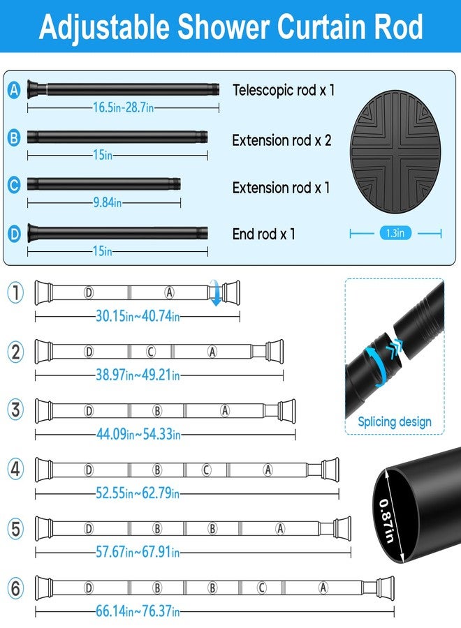 MEXAU 2 Pack Spring Tension Curtain Rods 31-76 Inch Black Shower Curtain Rod No Drilling Adjustable Spring Loaded Curtain Rods 7/8" Diameter Shower Rods for Window Bathroom Closet Doorway Door - Image 2