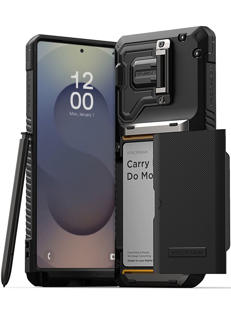 VRS Design غطاء محفظة Damda Glide Duo Guard لهاتف Samsung Galaxy S25 ULTRA مع فتحة حامل بطاقة ائتمان شبه تلقائية [4 بطاقات] وحامي عدسة الكاميرا - أسود Groove - Image 1