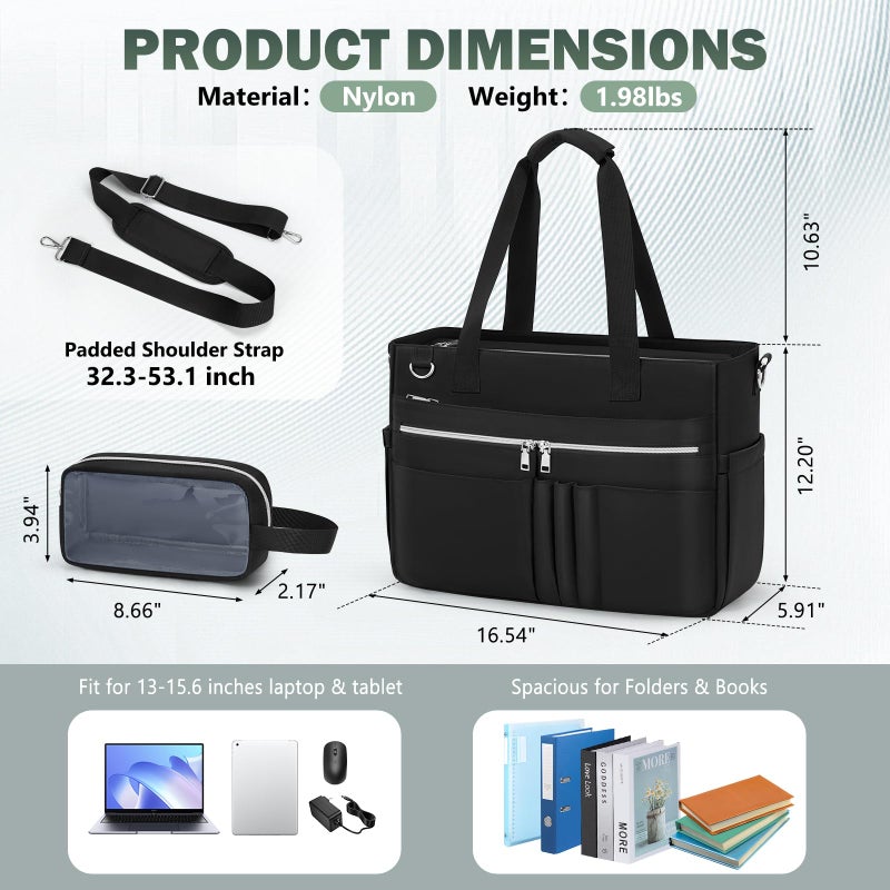 RAINSMORE Teacher Tote Bag for Women 15.6 Inch Laptop Briefcase with Clutch Bag, Nurse Bags Professional Work Handbag for Office College Nursing, Large Utility Tote Messenger Shoulder Bag, Black - Image 5