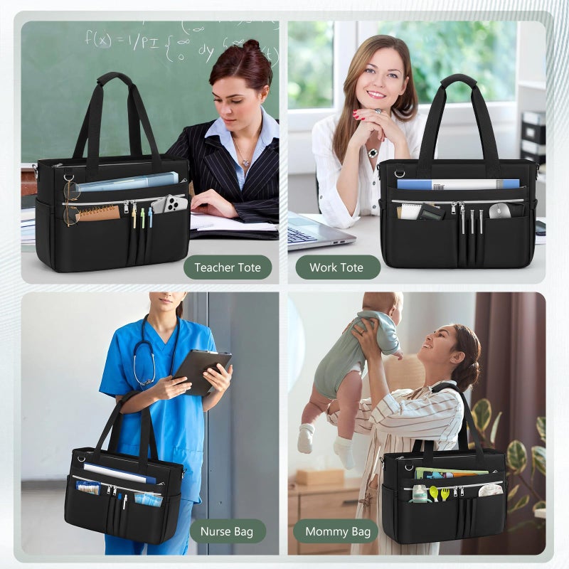 RAINSMORE Teacher Tote Bag for Women 15.6 Inch Laptop Briefcase with Clutch Bag, Nurse Bags Professional Work Handbag for Office College Nursing, Large Utility Tote Messenger Shoulder Bag, Black - Image 2