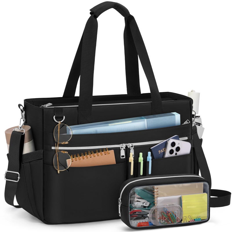 RAINSMORE Teacher Tote Bag for Women 15.6 Inch Laptop Briefcase with Clutch Bag, Nurse Bags Professional Work Handbag for Office College Nursing, Large Utility Tote Messenger Shoulder Bag, Black - Image 1