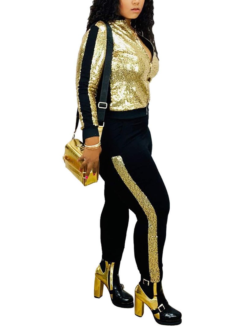 SIAEAMRG Women 2 Piece Glitter Sequin Outfits Tracksuit, Long Sleeve Jacket Tops Bodycon Long Pants Sparkle Sweatsuit Club Wear (L, Gold) - Image 3