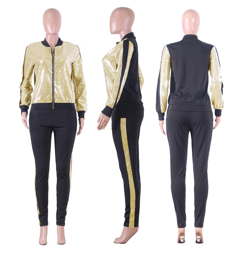 SIAEAMRG Women 2 Piece Glitter Sequin Outfits Tracksuit, Long Sleeve Jacket Tops Bodycon Long Pants Sparkle Sweatsuit Club Wear (L, Gold) - Image 4
