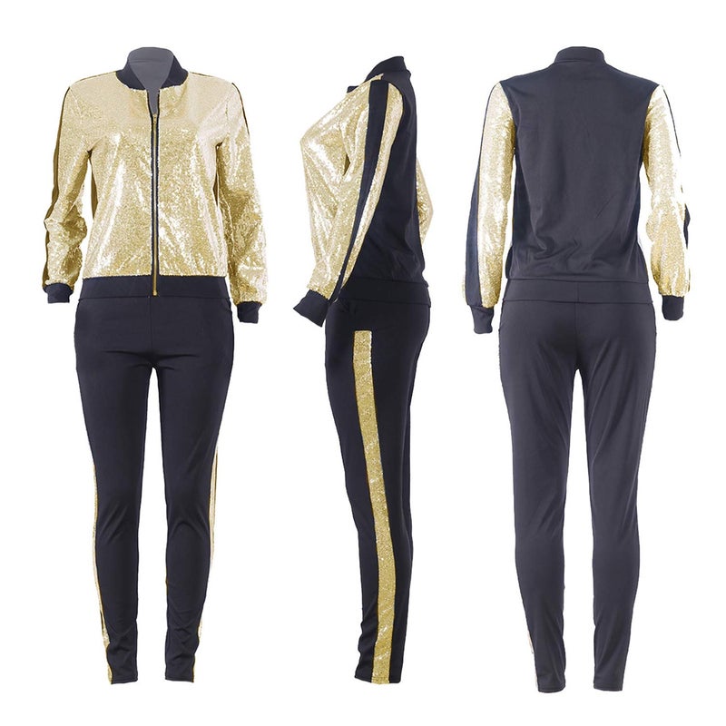 SIAEAMRG Women 2 Piece Glitter Sequin Outfits Tracksuit, Long Sleeve Jacket Tops Bodycon Long Pants Sparkle Sweatsuit Club Wear (L, Gold) - Image 5