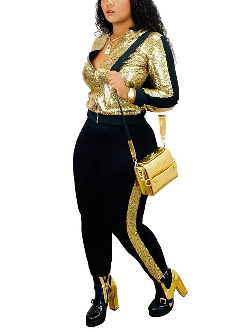 SIAEAMRG Women 2 Piece Glitter Sequin Outfits Tracksuit, Long Sleeve Jacket Tops Bodycon Long Pants Sparkle Sweatsuit Club Wear (L, Gold) - Image 2