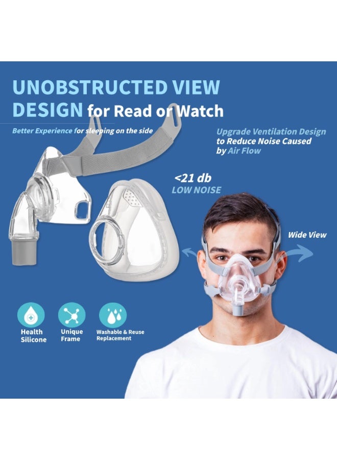 والالا طقم استبدال قناع CPAP كامل الوجه مع حزام رأس ووسادة سيليكون ناعمة وإطار ووصلة كوع دوارة، يغطي الأنف والفم، تصميم برؤية مفتوحة، ملاءمة مريحة وثابتة، مقاس M - Image 3