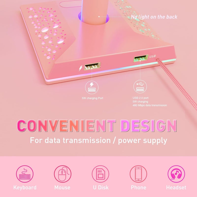 RGB Gaming Headphones Stand with 10 Light Modes, Controller Holder with 2 USB Ports, PC Gaming Accessories for Desk, Universal Storage Organizer Headpsets/Xbox PS5 Controller/Switch (Pink) - Image 4