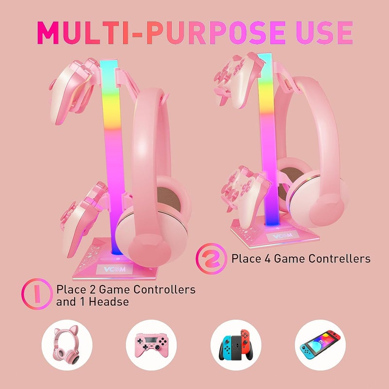RGB Gaming Headphones Stand with 10 Light Modes, Controller Holder with 2 USB Ports, PC Gaming Accessories for Desk, Universal Storage Organizer Headpsets/Xbox PS5 Controller/Switch (Pink) - Image 3