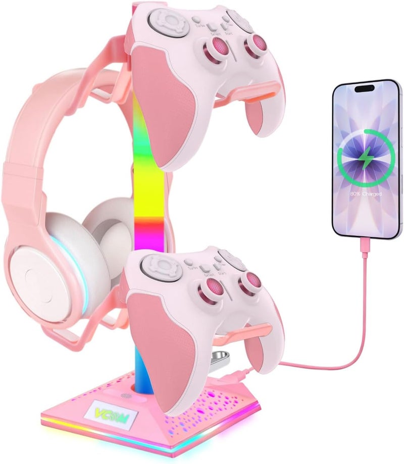 RGB Gaming Headphones Stand with 10 Light Modes, Controller Holder with 2 USB Ports, PC Gaming Accessories for Desk, Universal Storage Organizer Headpsets/Xbox PS5 Controller/Switch (Pink) - Image 1