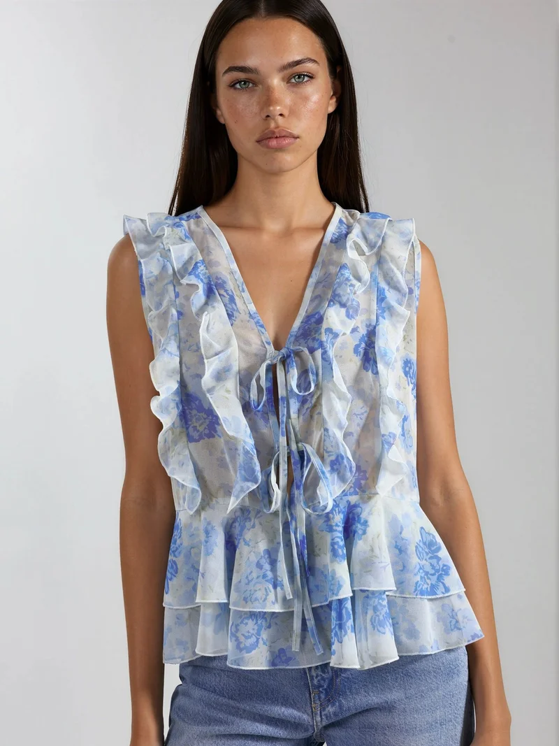 Hiccup Floral V-Neck Chiffon Blouse with Tie Closure