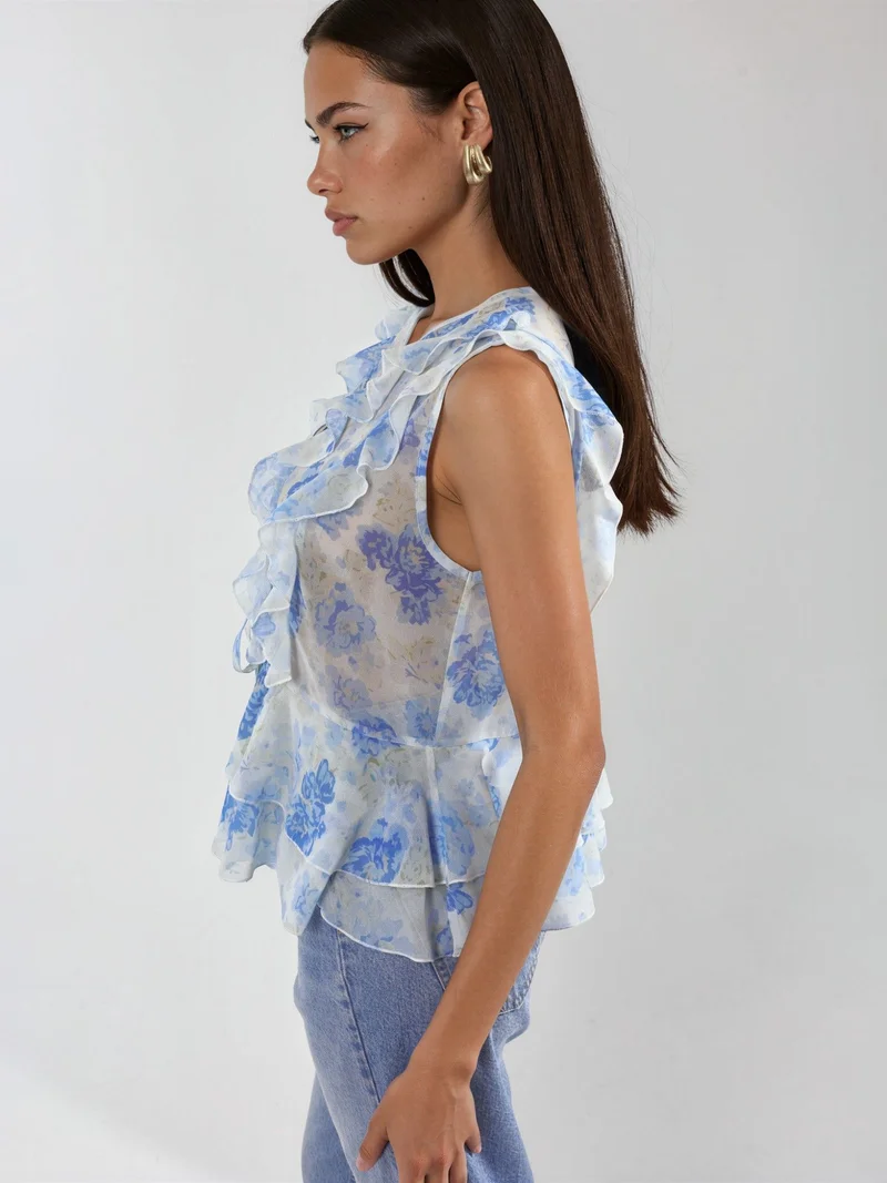 Hiccup Floral V-Neck Chiffon Blouse with Tie Closure