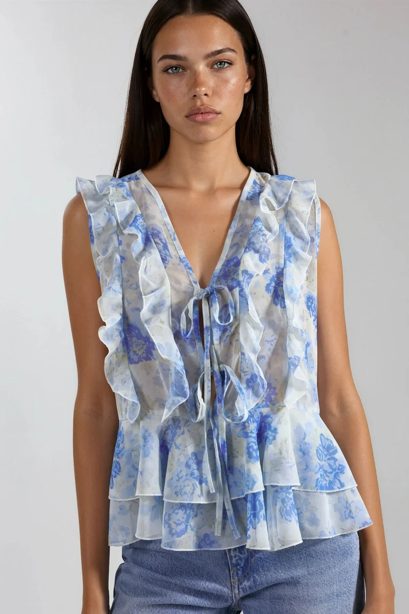 هيكاب Floral V-Neck Chiffon Blouse with Tie Closure