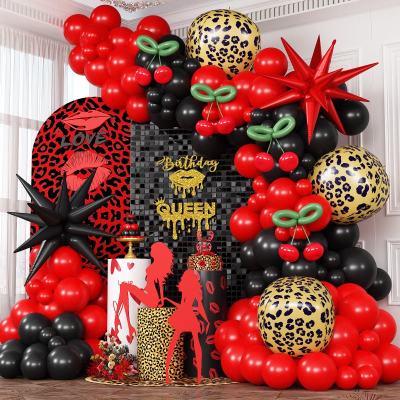 Togvu Red Black Balloons Garland Arch Kit 133pcs Green Cherry Black Red Explosion Star Foil Balloons 4D Cheetah Print Mylar Balloons for Berry Themed Birthday Baby Shower Bachelorette Party Decorations - Image 3