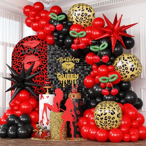 Togvu Red Black Balloons Garland Arch Kit 133pcs Green Cherry Black Red Explosion Star Foil Balloons 4D Cheetah Print Mylar Balloons for Berry Themed Birthday Baby Shower Bachelorette Party Decorations - Image 1