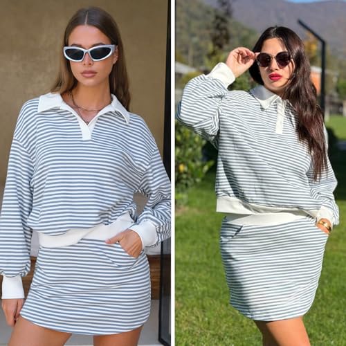 EXLURA Womens Two Piece Sets Cotton Striped Sweatshirt Matching Skirt Skort Tennis Vacation Cruise Outfits Travel Set 2026 - Image 4