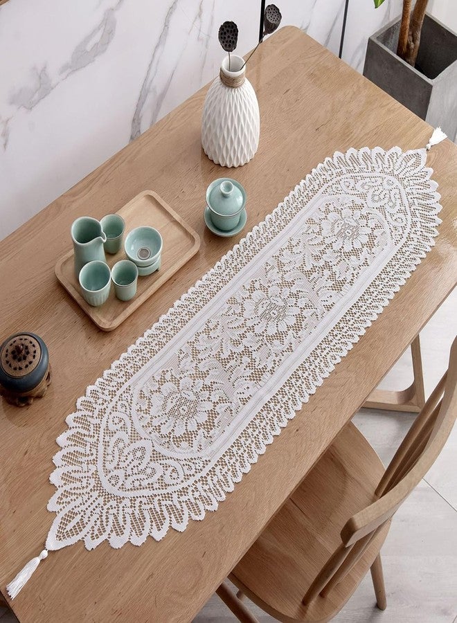 RHVQ 2Pcs Lace Table Runners with Tassels, Farmhouse Boho Doily Vintage Floral Dollies for Tables Dresser Nightstand Decor, 13"x45" (White) - Image 1
