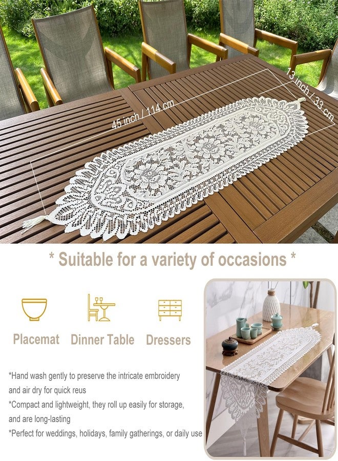 RHVQ 2Pcs Lace Table Runners with Tassels, Farmhouse Boho Doily Vintage Floral Dollies for Tables Dresser Nightstand Decor, 13"x45" (White) - Image 2