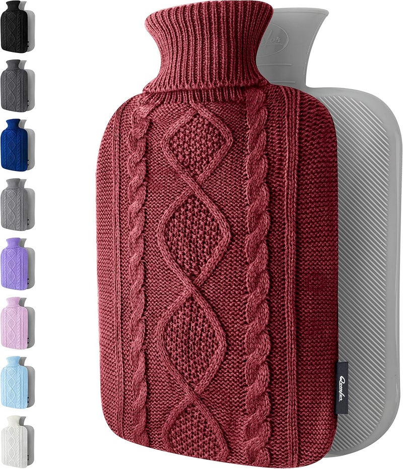 Qomfor Hot Water Bottle with Cover - Soft Premium Knitted Cover - 1.8 L Large Hot Water Bottle Kids Bed Bottle for Adults for Cuddly Nights and Pain Relief - Burgundy - Image 1