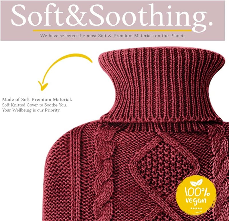 Qomfor Hot Water Bottle with Cover - Soft Premium Knitted Cover - 1.8 L Large Hot Water Bottle Kids Bed Bottle for Adults for Cuddly Nights and Pain Relief - Burgundy - Image 2