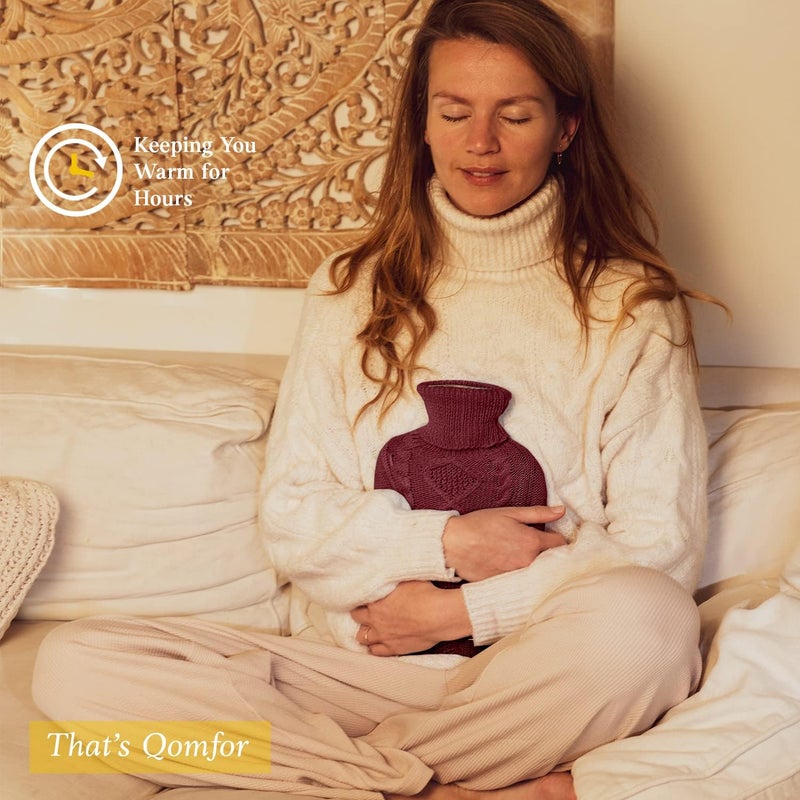 Qomfor Hot Water Bottle with Cover - Soft Premium Knitted Cover - 1.8 L Large Hot Water Bottle Kids Bed Bottle for Adults for Cuddly Nights and Pain Relief - Burgundy - Image 5
