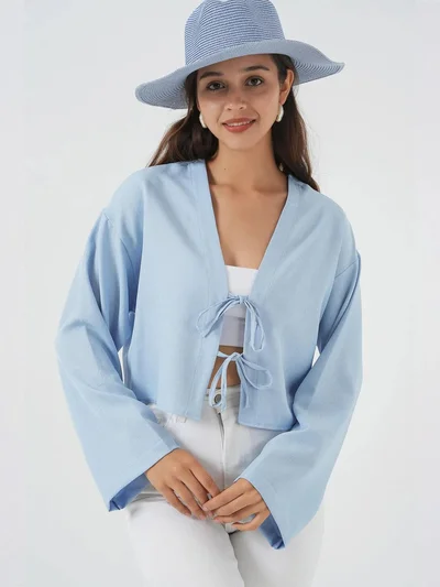 بيغ دارت بلوزة كيمونو طويلة الأكمام بياقة على شكل حرف  من مزيج الفيسكوز مع تفاصيل ربط