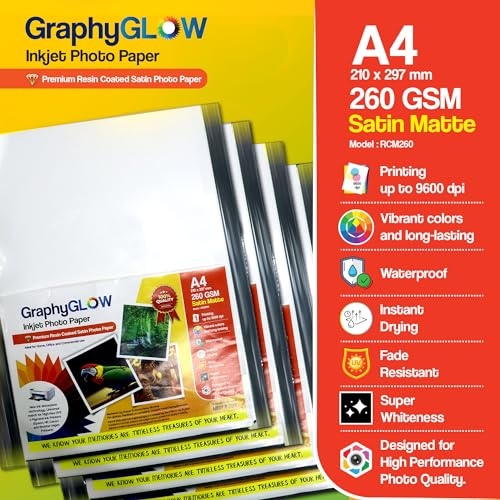 GraphyGLOW A4 Satin Matte Premium Resin Coated Photo Paper, 260 GSM, Waterproof, Instant Drying, Fade Resistant, Pack of 20, Compatible with Inkjet Printers - Image 1