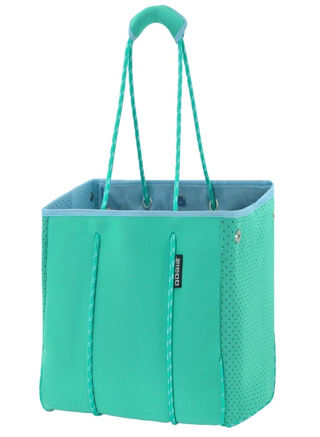 QOGiR Neoprene Multipurpose Beach Bag Tote with Inner Zipper Pocket, Light Green and Blue, L - Image 1