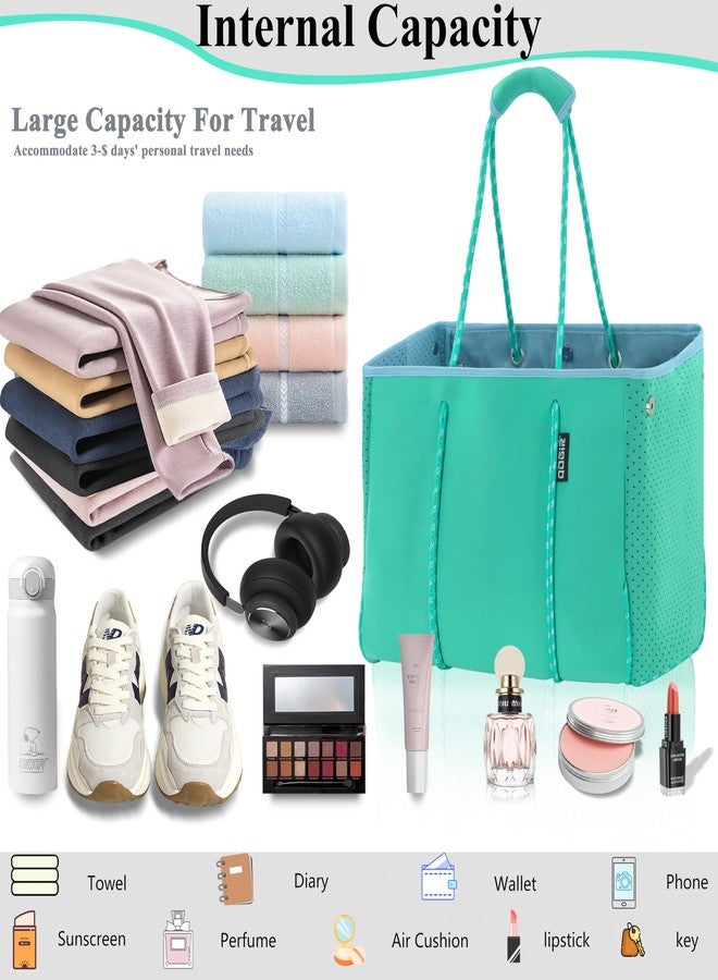 QOGiR Neoprene Multipurpose Beach Bag Tote with Inner Zipper Pocket, Light Green and Blue, L - Image 5