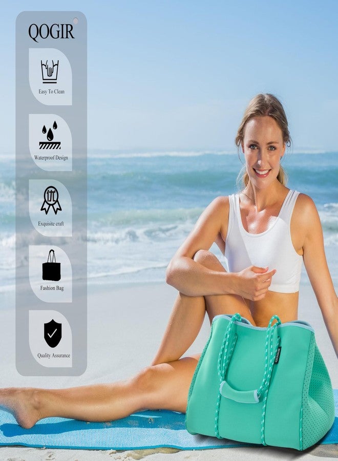 QOGiR Neoprene Multipurpose Beach Bag Tote with Inner Zipper Pocket, Light Green and Blue, L - Image 4